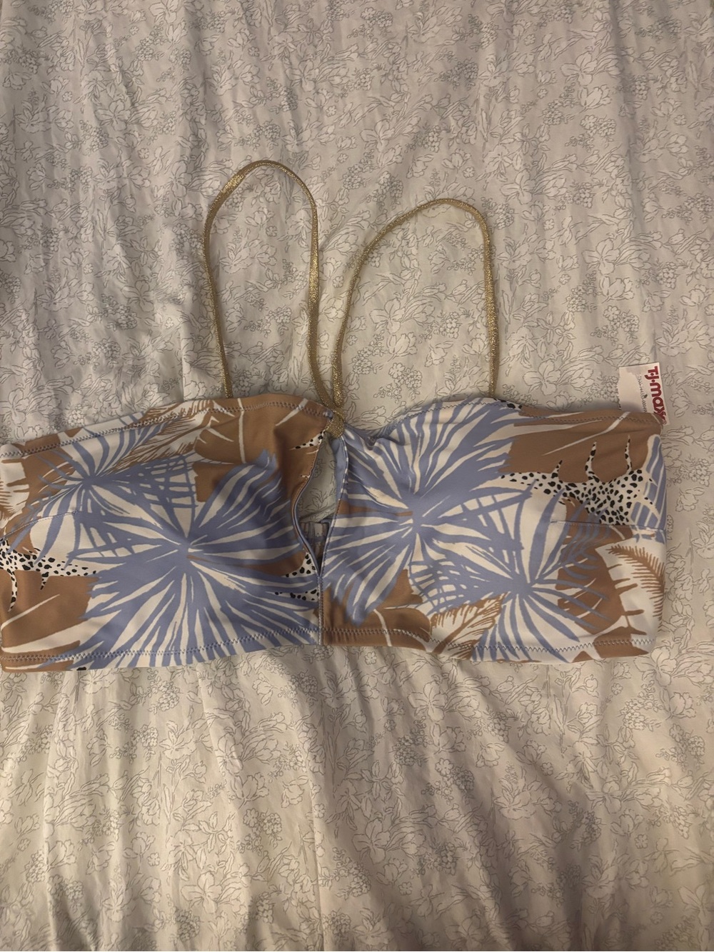 aerie Tan & Light Blue Tropical Bandeau Swim Top with Gold Straps NEW NWT